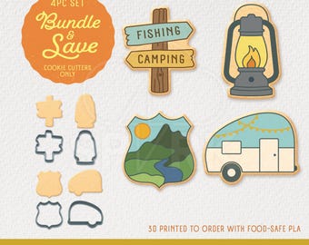 Outdoor Adventure Cookie Cutter Shapes (Camper, Lantern, Sign Post, & Road Sign) - Available in 4 sizes