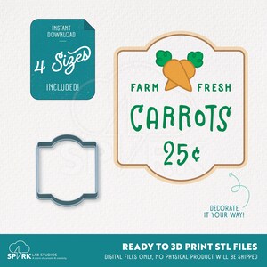 Op de afbeelding: Digitaal ontwerp met een bord met de tekst "Verse wortelen van de boerderij 25¢" met wortelillustraties. Inclusief een koekjessnijder-omtrek en een turquoise afbeelding met de tekst "Direct downloaden, 4 maten inbegrepen!"