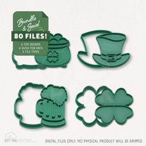 May include: Green St. Patrick's Day themed cookie cutter bundle. Includes a pot of gold, leprechaun hat, beer mug, and four-leaf clover designs. The image includes the text "Bundle & Save! 80 FILES!" and "DIGITAL FILES ONLY, NO PHYSICAL PRODUCT WILL BE SHIPPED."