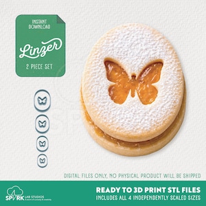 May include: Two Linzer cookies with a butterfly cutout filled with orange jam, dusted with powdered sugar. The image includes a green graphic with the text "INSTANT DOWNLOAD" and "Linzer 2 PIECE SET". The bottom text reads "READY TO 3D PRINT STL FILES".