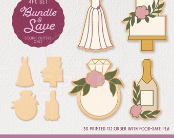 Wedding Cookie Cutter Shapes (Dress, Wine, Cake, Ring) - Available in 4 sizes