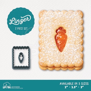 May include: A Linzer cookie with a carrot-shaped filling, dusted with powdered sugar, next to a matching cookie cutter. The image also shows a teal circular logo with the word "Linzer" and "2 PIECE SET". Available in 3 sizes: 2", 2.5", and 3".