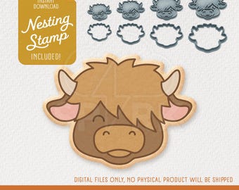 Highland Cow Cookie Cutter & Nesting Stamp, STL Files for 3D Printing, Includes 4 Sizes