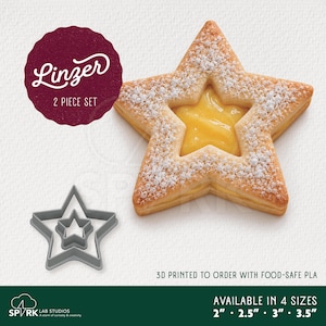 May include: A star-shaped Linzer cookie with yellow filling and powdered sugar, alongside a two-piece star cookie cutter set. Text reads Linzer 2 Piece Set, 3D printed to order with food-safe PLA, and available in 4 sizes 2, 2.5, 3, 3.5 inches.