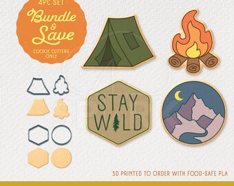 Outdoor Adventure Cookie Cutter Shapes (Tent, Campfire, Mountains, Stay Wild Sign) - Available in 4 sizes