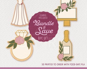 Wedding Cookie Cutter & Stamp 8 Piece Set, Available in 4 Sizes