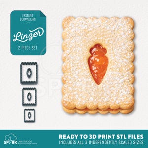 May include: A Linzer cookie with a jam filling, dusted with powdered sugar, next to three cookie cutters. The image includes the text "INSTANT DOWNLOAD", "Linzer 2 PIECE SET", and "READY TO 3D PRINT STL FILES".