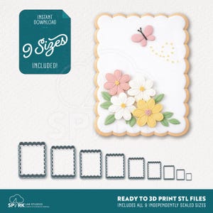 May include: A white rectangular cookie cutter with a scalloped edge, decorated with pink, white, and yellow flowers, and a pink butterfly. The image includes the text "INSTANT DOWNLOAD" and "9 Sizes INCLUDED!" Also shown are 9 cookie cutter sizes.