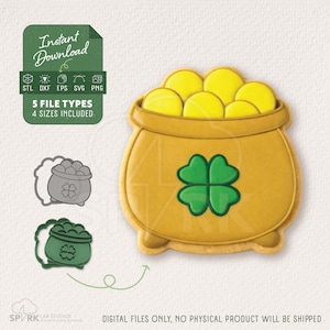 May include: A golden pot of gold cookie cutter with a green four-leaf clover and yellow coins. The image includes the text "Instant Download" and file type information. Digital files only, no physical product will be shipped.