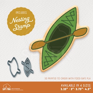 May include: A green kayak-shaped cookie cutter with a paddle, and a nesting stamp. The image includes the text "INCLUDES Nesting Stamp" and "3D PRINTED TO ORDER WITH FOOD-SAFE PLA". Available in 4 sizes: 2.25", 3", 3.75", 4.5".