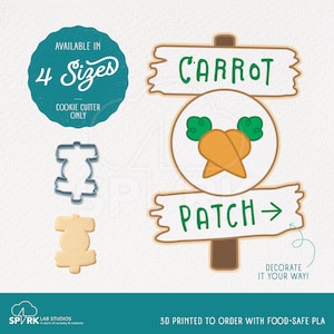 May include: A sign with the words "Carrot Patch" and a carrot graphic, along with a cookie cutter and a baked cookie in the shape of a carrot. The text "Available in 4 Sizes" is also present.