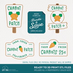 May include: Digital illustrations of carrot patch signs. The signs display orange carrots with green tops and the words "Carrot Patch" and "Farm Fresh Carrots". A teal graphic says "Bundle & Save" and "Stamps Included!"