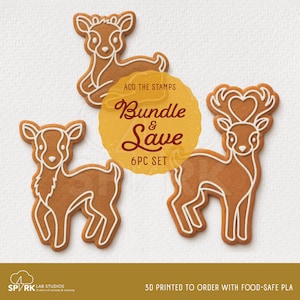May include: Three brown deer-shaped cookie cutters with white outlines. A central yellow circular badge features the text: ADD THE STAMPS Bundle & Save 6PC SET. The bottom banner includes the text: SPARK LAB STUDIOS 3D PRINTED TO ORDER WITH FOOD-SAFE PLA.