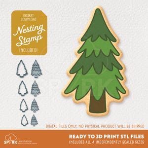 May include: A green Christmas tree cookie cutter with a brown trunk and a light brown outline. The image also includes a nesting stamp and four tree-shaped cookie cutters. Text on the image reads "Instant Download" and "Nesting Stamp Included!"
