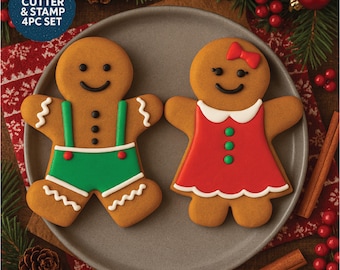 Gingerbread Boy & Girl Cookie Cutters with Nesting Stamps for Easy Icing Guides – 3 Sizes