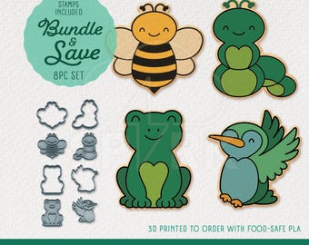 Garden Friends Cutter & Stamp Bundle with 4 Designs (Bee, Caterpillar, Frog, Humming Bird)
