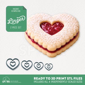 May include: A heart-shaped Linzer cookie with a raspberry filling, dusted with powdered sugar. The image also shows four heart-shaped cookie cutters and text that reads "Linzer 2 Piece Set" and "Ready to 3D Print STL Files".