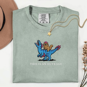 May include: A sage green t-shirt featuring a graphic of a brown cat wearing a pink crown and sunglasses riding a blue dinosaur. The text below the graphic reads THIS IS AN OUTRAGE. The shirt has a Comfort Colors label at the neck and is size XL.