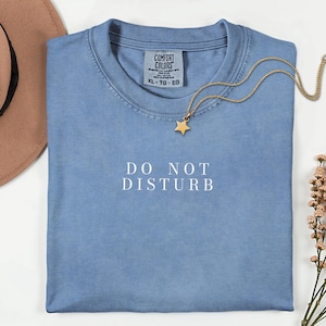 May include: A blue t-shirt with the text DO NOT DISTURB printed in white on the chest. The shirt features a Comfort Colors label at the neckline, a gold-toned chain necklace with a star pendant, a tan hat, and a sprig of dried flowers.
