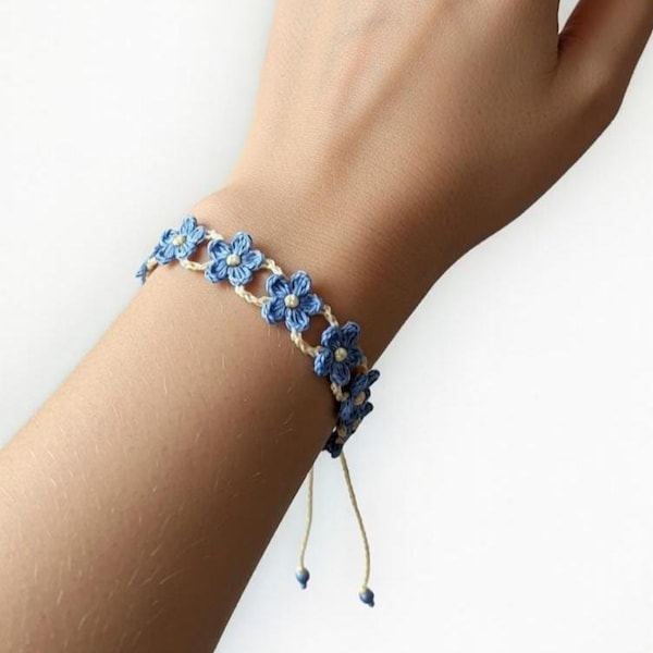 Micro Crochet Flower Bracelet – Puff Flower Design, Adjustable Ties, Customizable Beads