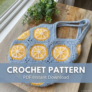 May include: A light blue crochet tote bag featuring a repeating pattern of yellow and white lemon slice motifs. The bag has two matching light blue handles and is displayed with the text CROCHET PATTERN PDF Instant Download overlaid.