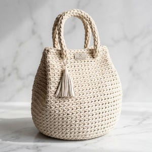 Può includere: Una borsa all'uncinetto color crema con base arrotondata, due manici intrecciati e una piccola nappa abbinata attaccata a un manico. Un'etichetta rettangolare in tessuto con il testo Rovequeto è cucita sulla parte anteriore della borsa.