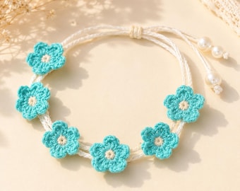 Micro Crochet Flower Bracelet – Puff Flower Design, Adjustable Ties, Customizable Beads