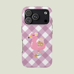 May include: A smartphone case featuring a light purple and white gingham pattern. The centre displays a pink flamingo pool float with a flower on its head, holding a drink. Below the flamingo is the word Summer in cursive with a palm tree icon.