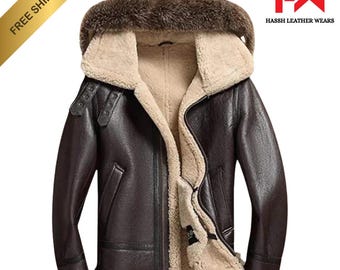 Herren Shearling Schaffell Aviator Jacke | Abnehmbare Kapuze