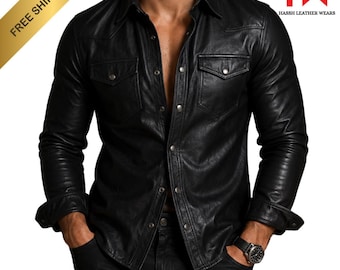 May include: A black leather shirt featuring a pointed collar, long sleeves with buttoned cuffs, and two chest pockets with button-down flaps. The front closure consists of silver-toned metal snap buttons. The shirt has a smooth, matte finish.
