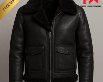 Handmade Black Sheepskin Leather B3 Bomber Jacket | Faux Shearling Winter Coat