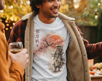 Ninja Warrior Japanese T-shirt | Ronin Samurai Art Print, Japanese Inspired Red Sun & Cherry Blossoms