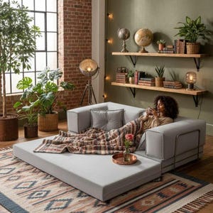 Puede incluir: Un sof&aacute; modular gris claro con una secci&oacute;n extra&iacute;ble, una manta estampada y una bandeja de cobre con un jarr&oacute;n de flores. La habitaci&oacute;n cuenta con una pared de ladrillo, plantas y estanter&iacute;as de madera con libros y globos.
