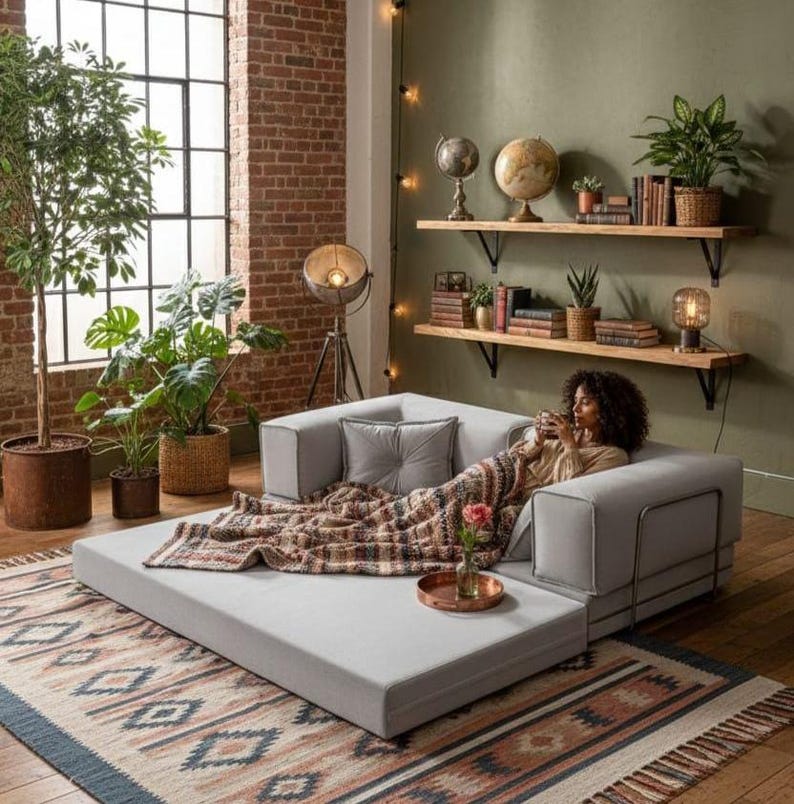 Puede incluir: Un moderno sof&aacute; seccional gris con una cama extra&iacute;ble, una manta estampada y un coj&iacute;n decorativo. La habitaci&oacute;n cuenta con una pared de ladrillo, una ventana grande y plantas en macetas. Una bandeja de cobre contiene una flor y una taza.