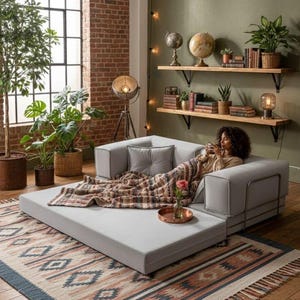 Puede incluir: Un sof&aacute; modular gris claro con una extensi&oacute;n de cama extra&iacute;ble. Una persona se relaja en el sof&aacute;, cubierta con una manta estampada. La habitaci&oacute;n cuenta con una pared de ladrillo, plantas y estantes de madera con decoraci&oacute;n.