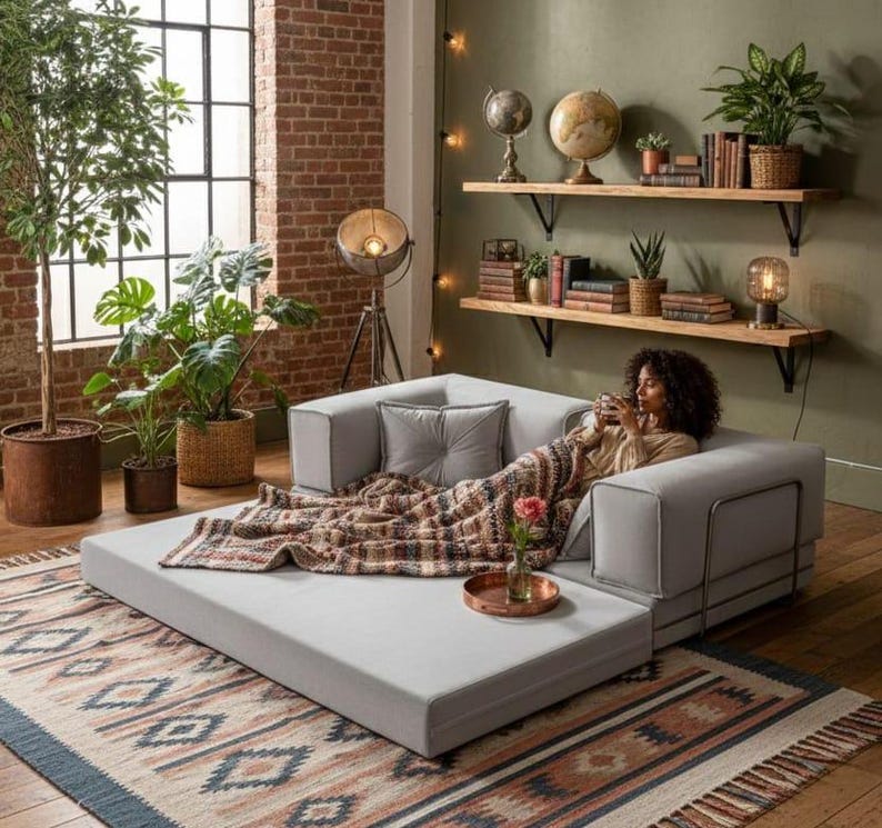 Puede incluir: Un sof&aacute; modular gris claro con una extensi&oacute;n de cama extra&iacute;ble. Una persona se relaja en el sof&aacute;, cubierta con una manta estampada. La habitaci&oacute;n cuenta con una pared de ladrillo, plantas y estantes de madera con decoraci&oacute;n.