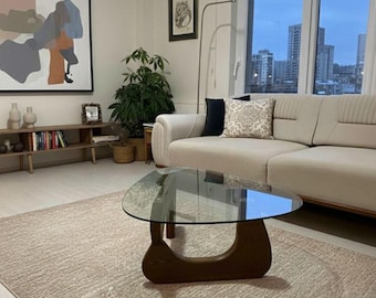 Modern Walnut Coffee Table with Asymmetric Tempered Glass Top, Mid Century Design, Living Room Furniture, Handmade Wood Table