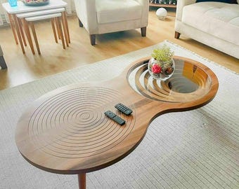 Modern Wooden Coffee Table with Spiral Design & Glass Top - Stylish Tempered Glass - MDF Living Room Décor, Unique Furniture Piece