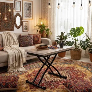 May include: A living room with a beige sofa, patterned cushions, and a cream throw. A wooden coffee table with black legs is on a patterned rug. Decorative plants and artwork create a cosy atmosphere.