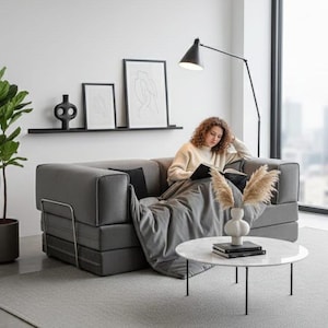 Puede incluir: Un sof&aacute; cama gris con una persona leyendo un libro, una manta gris y una mesa de centro de m&aacute;rmol blanco. Una l&aacute;mpara de pie negra y una planta en maceta tambi&eacute;n est&aacute;n en la habitaci&oacute;n. Dos impresiones enmarcadas y un jarr&oacute;n decorativo est&aacute;n en una estanter&iacute;a negra.