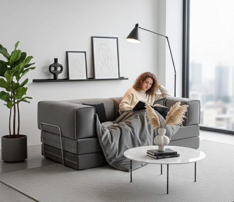 Puede incluir: Un sof&aacute; cama gris con una persona leyendo un libro, una manta gris y una mesa de centro de m&aacute;rmol blanco. Una l&aacute;mpara de pie negra y una planta en maceta tambi&eacute;n est&aacute;n en la habitaci&oacute;n. Dos impresiones enmarcadas y un jarr&oacute;n decorativo est&aacute;n en una estanter&iacute;a negra.