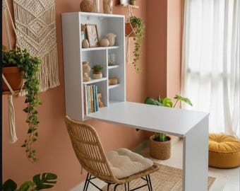 Foldable Wall Desk with Shelves, Space Saving Workstation, Small Home Office Table, Boho Minimalist Desk for Apartment & Cozy Study Corner