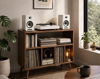 Mid Century Record Player Stand, Vinyl Storage Cabinet, LP Record Shelf, Turntable Table, Modern Music Room Furniture
