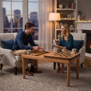 May include: A light wood game table with a backgammon board and a chess board. The chess board has black and white squares and chess pieces. Two people are seated near the table in a living room setting.