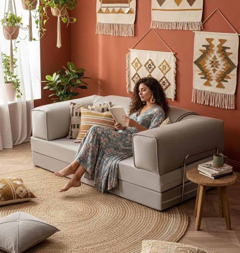 Puede incluir: Un sal&oacute;n acogedor con un sof&aacute; gris claro, cojines decorativos y una alfombra redonda de yute. La habitaci&oacute;n est&aacute; decorada con tapices de pared tejidos y plantas colgantes, creando un ambiente c&aacute;lido y acogedor.