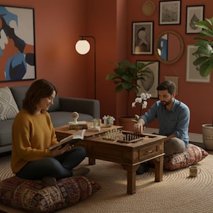 May include: A domestic scene showing a couple relaxing. A woman reads a book, seated on a patterned cushion. A man plays chess on a wooden coffee table. The room includes a grey sofa, plants, and framed artwork on a terracotta-coloured wall.
