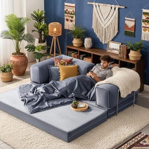 Puede incluir: Un sof&aacute; cama modular azul, parcialmente desplegado, con una base de colch&oacute;n gris claro. La habitaci&oacute;n cuenta con plantas, tapices decorativos y una estanter&iacute;a de madera. Una persona se relaja en el sof&aacute;.