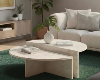 Travertine Look Coffee Table, Modern Round Center Table, Beige Minimal Living Room Furniture, Scandinavian Decor