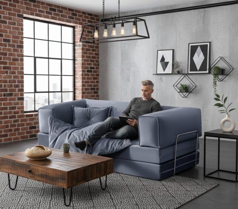 Puede incluir: Un sof&aacute; modular azul con una persona sentada en &eacute;l, una mesa de centro de madera y una mesa auxiliar negra. El sof&aacute; tiene una almohada y una manta. La mesa de centro tiene un cuenco decorativo y una taza. La habitaci&oacute;n tiene una pared de ladrillo y una ventana grande.