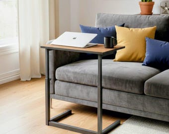 Handmade MDF C-Shaped Laptop Table, Adjustable Desk with Metal Legs, Industrial Sofa Table, Perfect Couch Workstation Tray, Modern Home Deco